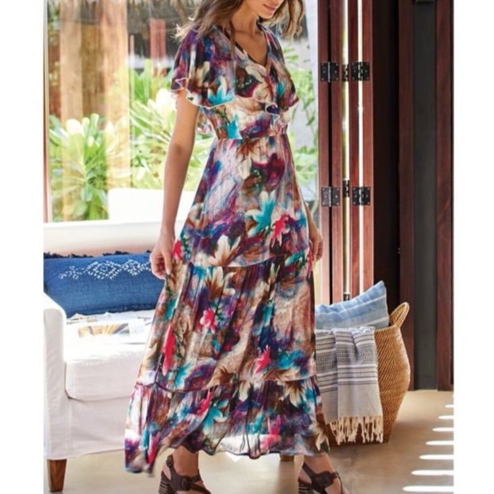 Soft Surroundings Italian Dreams Maxi Dress in Watercolor Floral Print